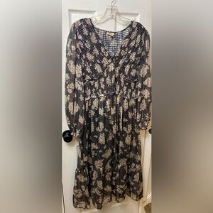Dizzy Lizzy Women's Metallic Floral Print Smocked Long Sleeve Midi Dress Large
